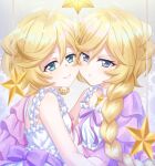  2girls bangs blonde_hair blue_eyes bow braid braided_ponytail carol_malus_dienheim cheek-to-cheek choker closed_mouth collarbone elfnein eyebrows_visible_through_hair frown hair_between_eyes highres long_hair looking_at_viewer medium_hair miona_yui mole mole_under_eye multiple_girls neck_ribbon pink_ribbon ponytail purple_bow purple_ribbon ribbon senki_zesshou_symphogear shiny shiny_hair shirt sleeveless sleeveless_shirt smile upper_body very_long_hair white_choker white_shirt 