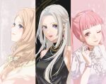  3girls ;) alternate_costume asao_(vc) bangs black_dress blue_eyes blunt_bangs bow braid brown_eyes closed_mouth dress dress_shirt earrings edelgard_von_hresvelg fire_emblem fire_emblem:_three_houses floating_hair french_braid hair_bow highres hilda_valentine_goneril holding jewelry light_brown_hair long_hair looking_at_viewer looking_up makeup mascara mercedes_von_martritz multiple_girls one_eye_closed pink_hair purple_eyes red_lips shirt short_sleeves silver_hair sleeveless sleeveless_dress smile split_screen upper_body very_long_hair watch white_bow white_shirt wristwatch 