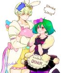  1boy 1girl blonde_hair bow braid cosplay costume_switch crossdressing crown_braid green_hair hair_bow hair_ornament kimidori_(kimidoriri) king_of_prism_by_prettyrhythm kisaragi_louis kisaragi_louis_(cosplay) macross macross_frontier object_hug oosanshouuo-san pretty_(series) pretty_rhythm ranka_lee ranka_lee_(cosplay) red_eyes short_hair smile yellow_eyes 