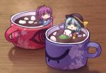  2girls bangs black_headwear blue_shirt closed_mouth coffee_mug crossed_arms cup eyebrows_visible_through_hair floral_print green_eyes green_hair green_skirt hair_between_eyes hat hat_ribbon heart heart_of_string holding in_container in_cup komeiji_koishi komeiji_satori long_sleeves looking_at_viewer mug multiple_girls open_mouth partially_submerged pink_eyes pink_hair ribbon rose_print shirt short_hair skirt smile third_eye touhou twitter_username unime_seaflower yellow_ribbon yellow_shirt 