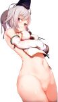  1girl arm_under_breasts bangs bar_censor blush bottomless breasts censored closed_mouth commentary_request detached_sleeves eyebrows_visible_through_hair hagure_kedama hat highres japanese_clothes legs_together long_sleeves medium_breasts mononobe_no_futo navel ponytail purple_eyes pussy shirt short_hair silver_hair simple_background solo sweat tate_eboshi touhou white_background white_shirt wide_sleeves 