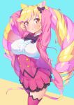  1girl animal_ear_fluff animal_ears arms_behind_head arms_up bangs black_bow blonde_hair blue_background blush bow breasts brown_background cat_ears cat_girl cat_tail center_frills collared_shirt commentary_request drawstring frills hair_bow highres ichi_makoto jacket large_breasts long_hair long_sleeves looking_at_viewer mashima_himeko_(show_by_rock!!) multicolored_hair open_clothes open_jacket parted_lips pink_hair pink_jacket pink_lips pink_skirt pleated_skirt red_eyes shirt show_by_rock!! skirt solo sweat tail thighhighs twintails two-tone_background two-tone_hair very_long_hair white_shirt 