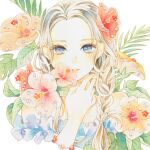  1girl blue_eyes blush braid braided_ponytail flower hair_over_shoulder hand_up hibiscus highres leaf long_hair looking_at_viewer orange_flower original parted_lips pink_flower plant red_flower smile solo traditional_media upper_body watercolor_(medium) yuufuushi 