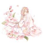  1girl animal blush brown_hair bunny cherry_blossoms closed_eyes flower hair_flower hair_ornament highres leaf long_hair long_sleeves original petals pink_flower solo traditional_media twitter_username watercolor_(medium) yuufuushi 