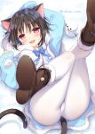  1girl :d animal_ears bangs black_hair blue_neckwear blush boots bow bowtie brown_footwear cat_ears cat_tail commentary_request eyebrows_visible_through_hair legs lying on_back open_mouth original pantyhose red_eyes shikitani_asuka smile snowman solo tail twitter_username white_legwear 