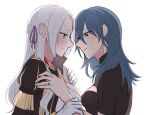  2girls bangs black_shirt blue_eyes blue_hair blush breasts byleth_(fire_emblem) byleth_(fire_emblem)_(female) cleavage_cutout closed_mouth clothing_cutout collared_shirt commentary_request couple edelgard_von_hresvelg embarrassed eyebrows_visible_through_hair face-to-face fire_emblem fire_emblem:_three_houses from_side garreg_mach_monastery_uniform gloves hair_between_eyes hair_ribbon hands_on_another&#039;s_chest jewelry long_hair long_sleeves looking_at_another multiple_girls parted_bangs parted_lips purple_eyes purple_ribbon ribbon ring riromomo shirt short_sleeves simple_background smile sweatdrop undressing uniform upper_body white_background white_gloves white_hair yuri 