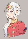  1girl blush closed_mouth collared_dress commentary_request dress edelgard_von_hresvelg fire_emblem fire_emblem:_three_houses grey_background hair_ornament hair_over_shoulder jewelry long_hair long_sleeves looking_away puffy_long_sleeves puffy_sleeves purple_eyes red_dress riromomo sidelocks signature simple_background smile solo upper_body white_hair 