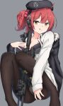  1girl absurdres ahoge beret breasts girls_frontline gun h&amp;k_mp7 hat highres medium_breasts mp7_(girls_frontline) pantyhose partially_undressed red_hair saliva saliva_trail short_hair solo submachine_gun tongue tongue_out weapon xandier59 yellow_eyes 