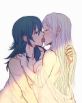  2girls back bangs bare_shoulders blue_eyes blue_hair blush breasts byleth_(fire_emblem) byleth_(fire_emblem)_(female) closed_eyes collarbone commentary_request couple edelgard_von_hresvelg eyebrows_visible_through_hair fire_emblem fire_emblem:_three_houses french_kiss from_side hair_between_eyes hand_on_another&#039;s_shoulder hug jewelry kiss long_hair looking_at_another multiple_girls nude ring riromomo sidelocks signature simple_background upper_body white_background white_hair yuri 