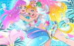  2girls :d bare_shoulders blonde_hair blue_eyes blue_sky bracelet clenched_hand crop_top cure_summer day dutch_angle elbow_gloves fingerless_gloves flower gloves green_eyes hair_flower hair_ornament hug jewelry juugoya_neko laura_(precure) long_hair looking_at_viewer magical_girl mermaid midriff monster_girl multicolored_hair multiple_girls natsumi_manatsu open_mouth outdoors pink_hair precure side_ponytail sky sleeveless smile tropical-rouge!_precure very_long_hair white_gloves 