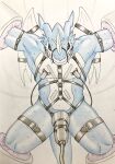  anthro bdsm blue_body blue_skin bodily_fluids bondage bound bound_wings breast_milking breasts digimon digimon_(species) dragon exveemon eyes_closed gag gagged genitals hi_res horn lactating machine male membrane_(anatomy) membranous_wings muzzle_(object) muzzled penile penis penis_milking restrained scalie shackles solo sweat traditional_media_(artwork) wings zazpihuts 