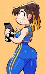  1girl ass blush_stickers breasts brown_hair cellphone check_translation chun-li crop_top double_bun hair_bun hair_ribbon hand_on_hip highres large_breasts official_alternate_costume phone rariatto_(ganguri) ribbon simple_background sleeveless smartphone smile street_fighter street_fighter_zero_(series) studded_bracelet sweatdrop translated translation_request vega yellow_ribbon 