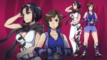  2girls aunt_and_niece belt black_hair blue_sports_bra boots breasts brown_eyes brown_hair collarbone elbow_pads emblem full_body gloves hairband hand_on_own_head hands_together kazama_asuka kazama_jun large_breasts multiple_girls scarf short_hair sports_bra tekken wee_kun 