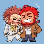  &gt;_&lt; 2boys ^_^ alternate_costume atiskw bara beard belt blue_eyes blush brown_belt brown_coat brown_hair chibi closed_eyes coat commission couple denim facial_hair fate/grand_order fate_(series) formal full_body goatee head_to_head iskandar_(fate) jacket jeans ladies_&amp;_gentlemen_(fate/grand_order) locked_arms long_sideburns male_cleavage male_focus mature_male multiple_boys muscular muscular_male napoleon_bonaparte_(fate) pants pectorals red_eyes red_hair red_scarf scar scar_on_chest scarf second-party_source shirt short_hair smile suit t-shirt white_jacket white_shirt yaoi yellow_scarf 