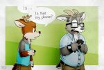  anthro antlers apple_watch bovid brown_body brown_fur caprine cellphone cervid clothing darwin_(tinydeerguy) dialogue duo eating english_text eyewear fur gary_(tinydeerguy) glasses goat grey_body grey_fur horn khaki_pants male mammal open_mouth overweight overweight_male oxford_shirt pens phone pocket_protector polo_shirt shirt tan_body tan_fur teeth_showing text tinydeerguy tongue_showing topwear white_body white_fur 
