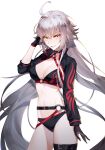  absurdres ahoge bikini black_bikini black_choker black_gloves black_jacket breasts choker cleavage cropped_jacket fate/grand_order fate_(series) gloves grey_hair highres jacket jeanne_d&#039;arc_(alter_swimsuit_berserker)_(fate) jeanne_d&#039;arc_(fate)_(all) katana large_breasts long_hair o-ring o-ring_bikini o-ring_bottom o-ring_top single_thighhigh smile swimsuit sword thigh_strap thighhighs very_long_hair weapon yellow_eyes 