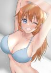  1girl absurdres armpits arms_up bikini blue_eyes blush breasts brown_hair charlotte_e_yeager cleavage collarbone eyebrows_visible_through_hair grin highres huge_filesize kuroniko large_breasts long_hair looking_at_viewer navel one_eye_closed parted_lips shiny shiny_hair simple_background smile solo strike_witches swimsuit swimwear teeth upper_body white_background white_bikini world_witches_series 