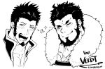  2boys ahegao artist_name bara beard blush cape collarbone collared_jacket collared_shirt commission couple cropped_shoulders facial_hair fate/grand_order fate_(series) fur-trimmed_cape fur_collar fur_trim goatee greyscale head_tilt heart iskandar_(fate) kimakkun long_sideburns looking_at_another looking_away looking_to_the_side male_cleavage male_focus mature_male monochrome mouth_drool multiple_boys muscular muscular_male napoleon_bonaparte_(fate) naughty_face one_eye_closed open_mouth pectorals second-party_source shirt short_hair smile sparkle yaoi 