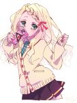  1girl artist_request asymmetrical_hair ayakashi_triangle blonde_hair blush braid cardigan cellphone eyelashes green_eyes hair_ornament hair_ribbon long_hair looking_at_viewer necktie phone ribbon school_uniform shirt simple_background single_braid sketch skirt smartphone solo source_request tsukioka_lucy white_background 