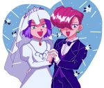  1boy 1girl crossdressing dress flower highres james_(pokemon) jessie_(pokemon) lr_cu3 pink_hair pokemon pokemon_(anime) purple_hair smile team_rocket wedding_dress 