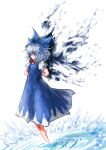  2b-ge arms_behind_back blue_bow blue_dress blue_eyes blue_hair bow cirno closed_mouth dress floating hair_bow highres ice ice_wings looking_at_viewer puffy_short_sleeves puffy_sleeves red_neckwear shirt short_hair short_sleeves touhou wavy_hair white_shirt wings 