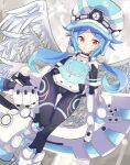  1girl blue_hair bodysuit breasts covered_navel feathers flat_chest gauntlets hair_ornament hat highres long_hair looking_at_viewer neptune_(series) next_white orange_eyes shimeji_wyvern shin_jigen_game_neptune_vii sidelocks smile solo symbol-shaped_pupils white_heart 