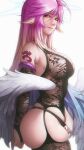  1girl angel_wings black_panties breasts bridal_gauntlets commentary feathered_wings gradient_hair halo highres jibril_(no_game_no_life) k19 large_breasts lingerie long_hair looking_at_viewer low_wings magic_circle multicolored multicolored_eyes multicolored_hair no_game_no_life orange_eyes panties pink_hair sideboob solo tattoo thighs underwear underwear_only very_long_hair white_wings wing_ears wings yellow_eyes 