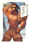  1boy abs absurdres arm_hair bandaid bandaid_on_nose bara bare_pecs beach beard blue_eyes brown_hair bulge chinese_text cowboy_shot dark_skin dark_skinned_male diving_mask diving_mask_on_head f_jun facial_hair hand_on_own_head highres jarvan_lightshield_iv large_pectorals league_of_legends looking_at_viewer male_focus male_swimwear mature_male muscular muscular_male navel nipples official_alternate_costume orange_male_swimwear reward_available short_hair solo stomach sunlight swim_trunks swimwear tan thick_thighs thighs tooth_necklace translation_request 