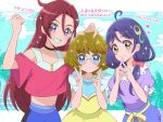  3girls ahoge blue_eyes blue_sky blush bow brown_hair choker clenched_hand closed_mouth commentary day double_v earrings glasses grin hand_up heart ichinose_minori jewelry juugoya_neko long_hair looking_at_viewer midriff multiple_girls off_shoulder outdoors palm_leaf precure purple_eyes purple_hair purple_shirt red_hair red_shirt round_eyewear shirt short_hair sky smile suzumura_sango takizawa_asuka translated tropical-rouge!_precure upper_body v yellow_bow yellow_eyes 