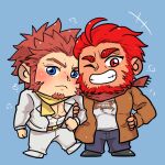  2boys alternate_costume atiskw bara beard belt blue_eyes blush brown_belt brown_coat brown_hair chibi coat commission couple denim facial_hair fate/grand_order fate_(series) formal full_body goatee head_to_head iskandar_(fate) jacket jeans ladies_&amp;_gentlemen_(fate/grand_order) locked_arms long_sideburns male_cleavage male_focus mature_male multiple_boys muscular muscular_male napoleon_bonaparte_(fate) one_eye_closed pants pectorals red_eyes red_hair red_scarf scar scar_on_chest scarf second-party_source shirt short_hair smile suit t-shirt white_jacket white_shirt yaoi yellow_scarf 