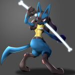  abs bone commentary_request full_body gen_4_pokemon glowing highres holding holding_bone looking_back lucario ninja-fiction pokemon pokemon_(creature) solo spikes standing yellow_fur 