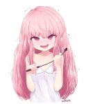  1girl 2021 :d annoyed artist_name blush camisole dated flat_chest glaring highres lbds long_hair louise_francoise_le_blanc_de_la_valliere open_mouth pink_eyes pink_hair riding_crop simple_background smile solo trembling upper_body white_background white_camisole zero_no_tsukaima 