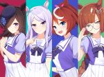  4girls absurdres animal_ears blush bow bowtie column_lineup eyebrows_visible_through_hair hair_over_one_eye highres horse_ears horse_girl ikuno_dictus looking_at_viewer mejiro_mcqueen miniskirt multiple_girls nassss pleated_skirt purple_shirt rice_shower school_uniform serafuku shirt skirt smile tokai_teio tracen_school_uniform umamusume upper_body white_skirt 