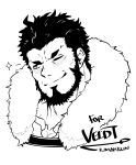  1boy bara beard cape collarbone commission cropped_shoulders facial_hair fate/grand_order fate_(series) fur-trimmed_cape fur_collar fur_trim greyscale head_tilt highres iskandar_(fate) kimakkun looking_to_the_side male_focus mature_male monochrome muscular muscular_male one_eye_closed second-party_source short_hair smile solo sparkle 