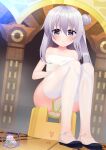  10261700 absurdres ass bare_shoulders bathhouse breasts censored highres legs long_hair naked_towel purple_eyes purple_hair shoes sitting sitting_on_object small_breasts towel warship_girls_r white_legwear 