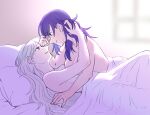  2girls bangs bare_shoulders bed_sheet blanket blue_eyes blue_hair breasts byleth_(fire_emblem) byleth_(fire_emblem)_(female) closed_mouth commentary_request couple edelgard_von_hresvelg eye_contact eyebrows_visible_through_hair face-to-face fire_emblem fire_emblem:_three_houses from_side hair_between_eyes hand_in_hair indoors long_hair looking_at_another lying lying_on_person multiple_girls nude on_back parted_lips pillow purple_eyes riromomo simple_background smile white_hair yuri 