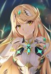  1girl bangs bare_shoulders blonde_hair breasts chest_jewel dress earrings elbow_gloves eyebrows_visible_through_hair gloves highres jewelry kiiro_kimi long_hair looking_at_viewer medium_breasts mythra_(xenoblade) smile solo super_smash_bros. swept_bangs tiara upper_body white_dress white_gloves xenoblade_chronicles_(series) xenoblade_chronicles_2 yellow_eyes 