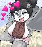  &lt;3 2021 4_fingers ahegao anthro areola areola_slip big_breasts black_hair blue_eyes blush bodily_fluids breasts clothed clothing denise_(joaoppereiraus) digital_media_(artwork) eyelashes female fingers gesture hair hi_res huge_breasts huge_nipples joaoppereiraus looking_pleasured mammal open_mouth pink_nose rodent saliva sciurid selfie signature solo thick_thighs tongue tongue_out v_sign 