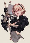  1girl absurdres android blue_eyes cleavage_cutout clothing_cutout gloves hairband highres holding holding_sword holding_weapon hungry_clicker juliet_sleeves lips long_sleeves looking_at_viewer nier_(series) nier_automata parted_lips pod_(nier_automata) puffy_sleeves robot short_hair simple_background solo sword weapon yorha_no._2_type_b 