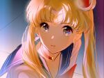  1girl :o absurdres bangs bishoujo_senshi_sailor_moon blonde_hair blue_eyes blue_sailor_collar choker circlet derivative_work hair_over_shoulder heart heart_choker highres jewelry long_hair parted_bangs red_choker sailor_collar sailor_moon sailor_moon_redraw_challenge sailor_senshi_uniform screencap_redraw solo sweatdrop twintails xuanqing0726 