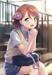  1girl :d alternate_hairstyle arm_rest b.ren bag bangs beige_vest black_skirt blush charm_(object) collar collared_shirt dust_particles eyebrows_visible_through_hair flower green_eyes hair_between_eyes hair_bun hair_flower hair_ornament hairclip highres indoors light_particles looking_at_viewer love_live! love_live!_nijigasaki_high_school_idol_club neck_ribbon open_mouth pink_flower pink_neckwear pink_ribbon pink_scrunchie pleated_skirt polka_dot polka_dot_scrunchie railing red_hair ribbon school_bag school_uniform scrunchie shirt short_sleeves side_bun sitting sitting_on_stairs skirt smile solo stairs sunset uehara_ayumu vest white_collar window 
