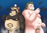  2021 anthro balls belly big_balls blush brown_body brown_fur canid canine detailed_background duo eyewear flaccid fur genitals glasses hi_res human humanoid_genitalia humanoid_hands humanoid_penis kemono live-a-hero male mammal moobs night nipples outside overweight overweight_male penis pihii3 pubes raccoon_dog shoen subaru_nobeyama tanuki video_games 