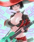  1girl bangs black_hair breasts choker crop_top electric_guitar fingerless_gloves glasses gloves green_eyes guilty_gear guitar hat highres i-no instrument large_breasts lipstick looking_at_viewer makeup mcdobo mole mole_above_mouth partially_unbuttoned red_headwear rimless_eyewear round_eyewear short_hair shorts smile solo witch_hat 