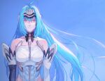  1girl android bare_shoulders blue_hair breasts cleavage cyborg elbow_gloves forehead_protector gloves highres kos-mos long_hair looking_at_viewer machibari2 machihari medium_breasts red_eyes simple_background solo thighhighs very_long_hair xenosaga xenosaga_episode_i 