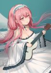  1girl absurdres aqua_background azur_lane bangs breasts cleavage dress eyebrows_visible_through_hair guitar hairband highres holding instrument jiantai long_hair looking_at_viewer medium_breasts open_mouth perseus_(azur_lane) pink_eyes pink_hair solo white_dress 