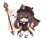  1girl brown_eyes brown_hair chibi closed_eyes creepy_himecchi fang genshin_impact ghost half-closed_eyes hat highres hu_tao jewelry long_sleeves open_mouth polearm ring shorts smile socks tailcoat twintails weapon white_background 