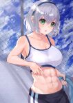  1girl :o abs absurdres alternate_costume bare_arms bare_shoulders blue_sky breasts cleavage collarbone cowboy_shot green_eyes hairband haru_yu highres holding holding_towel hololive huge_filesize large_breasts light_blush looking_at_viewer midriff navel shirogane_noel short_hair silver_hair sky solo sports_bra surprised sweat toned towel virtual_youtuber 