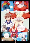  absurd_res anthro braixen bray_(lucyfercomic) breasts butt clothing coat delphox duo eyes_closed female group hair_over_eyes hat headgear headwear hi_res human interspecies lab_coat lucyfercomic male mammal nintendo on_one_leg pok&eacute;mon pok&eacute;mon_(species) pok&eacute;mon_trainer pok&eacute;philia speech_bubble standing text topwear video_games 