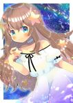  1girl bangs bare_shoulders black_ribbon blush brown_hair choker closed_mouth collarbone dress eyebrows_visible_through_hair frilled_dress frills gradient_dress green_eyes hair_between_eyes hair_ornament holding holding_star indie_virtual_youtuber kouu_hiyoyo long_hair looking_at_viewer off-shoulder_dress off_shoulder puffy_short_sleeves puffy_sleeves purple_dress ribbon s-s-sweets short_sleeves smile solo star_(symbol) star_hair_ornament very_long_hair virtual_youtuber white_choker white_dress 