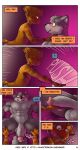  alphonse_(james_howard) anthro big_penis canid canine canis comic dialogue domestic_cat duo felid feline felis genitals half-erect hi_res james_howard male male/male mammal patreon penis richard_(james_howard) size_difference small_dom_big_sub wolf 